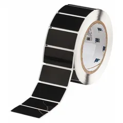 Polyester, black gloss precut label roll measuring 1 in x 2 in with 250 labels per roll. Compatible with IP Series printers for on-demand identification of industrial equipment and components in manufacturing, electrical, and maintenance settings.