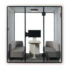 White aluminum office pod with four seating positions. Includes a desk, dual top fans, interior lighting, ventilation fan, and USB-C port. Operates on 100-240V power. Maximum height 92 3/8 in, width 60 1/2 in. Unassembled.