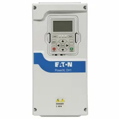 The Eaton PowerXL DH1 is a compact AC drive designed for HVAC applications, controlling the speed of three-phase motors. It delivers 5 hp with a maximum output current of 9 A and provides three-phase output voltage of 380-500V AC. The drive is housed in a white enclosure.