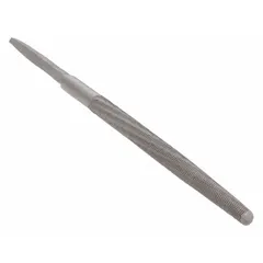 Double-cut round file with bastard cut and safe edge, designed for shaping and deburring metal, wood, and plastics. Tapers towards the point for access to tight radii and holes. Natural finish. Length without tang: 3-3/4 in.