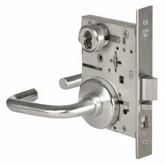 This office lever lockset features a chrome finish and is ADA compliant for accessible lever operation. It includes an interchangeable core for flexible key control and is suitable for commercial interior doors such as those in offices, schools, and healthcare facilities.