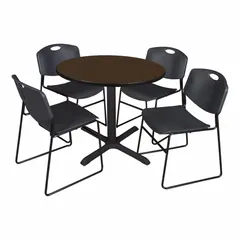 Movable table with a 29 in overall height, circular walnut laminate top, and black metal base. Suitable for break areas, cafeterias, or meeting spaces where portable furniture is needed.