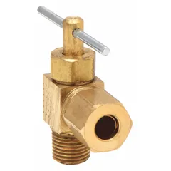 This brass angle-body needle valve is used for precise flow regulation and shut-off in water systems. It features a compression connection on one side and a male NPT connection on the other, with a metal seal for reliable performance. Suitable for instrumentation and control applications where compact installation is required.