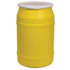 This 55-gallon plastic overpack drum is made of HDPE with an open head and a plastic lever lock ring. It is designed to hold an original shipping container for transport or storage. The drum carries UN ratings 1H2/Y100/S for both solids and liquids and is unlined with no interior coating. Typical applications include containing leaking or damaged drums in industrial and chemical logistics.