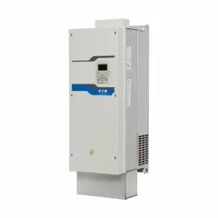 Variable frequency drive for HVAC/R applications, controlling fan and pump motors. Three-phase output at 200-240V AC, rated 100 hp. White enclosure with IP21 protection for indoor use.