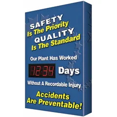 This electronic scoreboard is constructed of aluminum with a 28 in x 20 in nominal sign size. It features mounting holes for sign mounting and operates on 110/120V AC. The display is controlled via remote control and is not retroreflective. Commonly used in industrial facilities to track and display safety performance metrics such as days without a recordable injury.