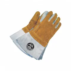 MIG welding gloves with premium cowhide leather palm and cowhide backing. Straight thumb design and gauntlet cuff provide hand protection during welding tasks. Universal glove size, sold as a single pair.