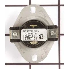 Genuine OEM regulating thermostat for Whirlpool washing machines and dryers. Monitors and controls internal temperature to prevent overheating during drying cycles. Used in residential laundry appliances to maintain safe operating conditions.