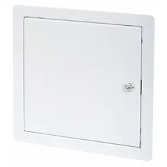This steel locking access door is designed for ceiling mounting. It features a piano hinge and exposed flange, constructed from 14-gauge steel with a powder-coated finish. Suitable for providing secure access to ceiling-mounted equipment, ductwork, or plumbing in industrial maintenance environments.