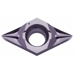 Diamond indexable turning insert for precision machining of non-ferrous materials such as aluminum, copper, and plastics. Used in turning, boring, and profiling operations to achieve fine surface finishes and tight tolerances.