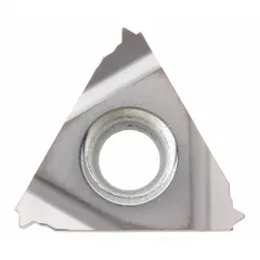 Carbide insert for internal threading operations on lathes and CNC machines. Designed for precision thread cutting in metal components, with geometry optimized for chip control and thread accuracy.