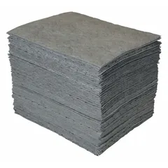 Polypropylene sorbent pads for absorbing industrial fluid spills, leaks, and drips. Each pad absorbs 78 1/16 oz. Non-perforated, gray color. Pack of 100. Suitable for use in machining, hydraulic, and maintenance areas.