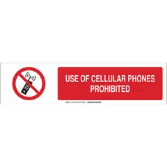 This aluminum sign slider insert displays the legend 'Use Of Cellular Phones Prohibited' in red on a white background. It measures 6 inches by 23-7/8 inches and is not retroreflective. Typically used in industrial facilities to indicate areas where mobile phone use is restricted for safety or operational reasons.