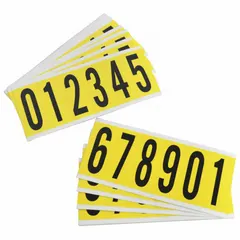 Indoor-only repositionable character set with 3-inch Gothic black numbers 0 to 9 on a yellow non-reflective die-cut background. Not self-spacing or aligning, suitable for manual placement in facility identification tasks such as marking equipment, bins, or panels.