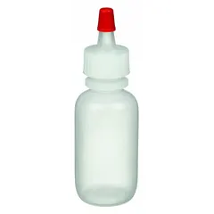 LDPE dropper bottle with a 30 mL (1 fl oz) capacity. Colorless body with a red LDPE closure included. Not graduated and without label imprinting. Suitable for precise dispensing of liquids in laboratory and industrial applications.