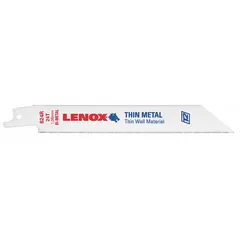 This LENOX reciprocating saw blade is designed for cutting thin metal with rigid, straight cuts. It features 24 teeth per inch and a tapered blade geometry. The blade is 6 inches long and 0.04 inches thick, supplied in a 25-pack. Typical applications include demolition, fabrication, and maintenance tasks in metalworking.