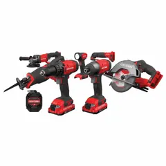 This 7-tool combination kit operates on 20 V DC and includes an oscillating tool, drill, impact driver, circular saw, reciprocating saw, work light, and multi-tool. The set comes with a battery and charger, suitable for drilling, fastening, cutting, and lighting tasks in construction, renovation, and maintenance applications.