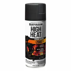 A solvent- and silicone-based spray paint for metal surfaces, providing a flat black finish with smooth texture. Suitable for automotive parts and other metal components exposed to high temperatures. Coverage area is 10 sq ft per can.
