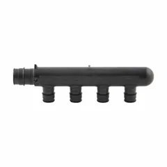 Polymer branch manifold with one inlet and four outlets for distributing flow in plumbing and heating systems. Suitable for hydronic applications such as radiant floor heating and radiator connections. Maximum operating pressure 73 psi.
