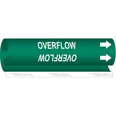BRADY Pipe Marker: Overflow, Green, White, Fits 1/2 to 1 3/8 in Pipe O.D., 1 Pipe Markers - Overflow Wrap-Around Pipe Markers