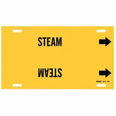 Yellow strap-on pipe marker with black legend 'Steam' and directional arrows. Fits pipe outer diameters from 6 to 7-7/8 inches. Used to identify steam lines in industrial piping systems for safety and maintenance.