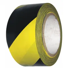 This vinyl floor marking tape features a striped black/yellow pattern for high-visibility warning. It is 2 inches wide, 108 feet long, with a 5 mil thickness and no legend. Used to mark aisles, hazard zones, and storage areas in industrial facilities such as warehouses, factories, and workshops.