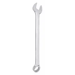 This 36 mm metric combination wrench features a 12-point box end and an open end, both offset for improved access in confined spaces. Constructed from alloy steel with a chrome finish, it resists corrosion. Typical applications include fastening and loosening bolts and nuts in industrial maintenance, automotive repair, and machinery assembly.