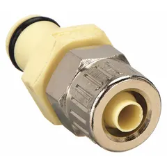 Straight polypropylene quick-disconnect tube fitting with a 5/32 in ID x 1/4 in OD size. Features a Quick-Disconnect Insert x Tube connection type in almond color. Used for tube-to-insert connections in fluid handling systems, such as pneumatic or liquid transfer lines.