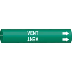 Green pipe marker with white legend reading 'Vent' and directional arrows. Fits pipe outer diameters from 3/4 to 1-3/8 inches. Used to identify vent lines in industrial piping systems, aiding in quick recognition of pipe contents and flow direction.