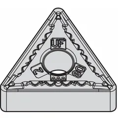 Triangle (T) indexable turning insert with negative rake geometry and UF chipbreaker for medium to light cutting. Uncoated carbide grade provides a sharp cutting edge for finishing operations. Suitable for general-purpose turning, facing, and profiling on steel, stainless steel, and cast iron.