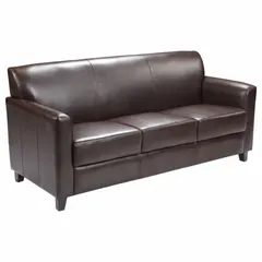This sofa features a black faux leather upholstery and wood construction. Seat dimensions are 59 inches wide, 20 inches deep, and 18 inches high. Suitable for residential or commercial seating areas such as lounges or waiting rooms.