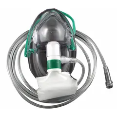 Disposable non-rebreather mask made of PVC with a minimum flow rate of 10 lpm and maximum of 15 lpm. Includes tubing and reservoir bag. Meets FDA standards. Used for delivering high-concentration oxygen in clinical settings.