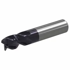 Solid carbide end mill with TiAlN coating, 4 flutes, 1/4" mill diameter, 3/4" length of cut, and 0.016" chamfer. Designed for fast cutting of steel and cast iron. Used in CNC milling for creating 45° chamfers, deburring edges, and preparing weld bevels.