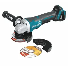 This cordless angle grinder operates on 18V DC with a brushless motor and barrel grip. It accepts 4-1/2" and 5" wheels and includes overload protection. Suitable for cutting, grinding, and surface preparation on metal, masonry, and tile.