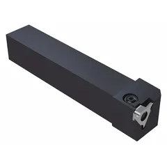 Indexable toolholder for external grooving and parting operations. Accepts T5-style inserts. Shank size 20 mm x 20 mm. Suitable for use on CNC lathes and manual machines for precision groove dimensions and surface finish.