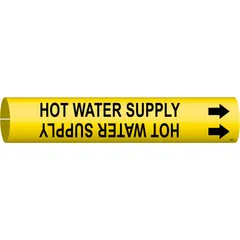 Yellow snap-on pipe marker with black legend 'Hot Water Supply' and directional arrows. Fits pipe outer diameters of 4 to 6 inches. Used to identify hot water supply lines in industrial piping systems for clear labeling and maintenance reference.
