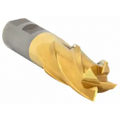 High-speed steel square end mill with titanium nitride coating for reduced friction and heat. Four-flute design with 7/8" cutting diameter, 1-7/8" length of cut, and 4" overall length. Suitable for slotting, profiling, and contouring of ferrous and non-ferrous metals in general milling operations.