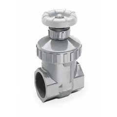 PVC-bodied gate valve with FIPS x FIPS connections, non-rising stem, wheel handle, and solid polypropylene wedge. Rated for 200 psi CWP. Suitable for on/off flow control in water and corrosive-fluid systems where space is limited.