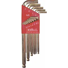 This L-shaped hex key set includes 13 pieces with SAE sizing and a gold-plated finish. Each key features a single ball end for angled access in confined spaces. Suitable for tightening or loosening hex socket screws and bolts in industrial maintenance, assembly, and repair tasks.