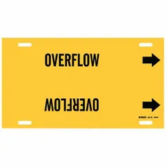 Strap-on pipe marker for identifying overflow lines in piping systems. Yellow background with black legend and directional arrows. Fits pipe outer diameters from 8 to 9-7/8 inches. Single marker supplied.