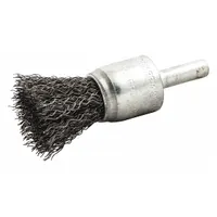This end brush features crimped steel fill for light cleaning of carbon steel surfaces. With a 3/4 in diameter, 0.01 in fill diameter, and 1/4 in shank, it is suited for removing rust, scale, and light burrs from corners, grooves, and hard-to-reach areas in metal fabrication and maintenance tasks
