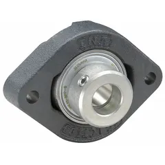 This general purpose flange-mount ball bearing features a 15 mm cylindrical bore, cast iron non-split rhombus housing, and eccentric collar. It is pre-lubricated with lithium complex grease and accepts M6 mounting bolts. The unit is suited for radial load applications in conveyor systems, agricultural machinery, and light industrial equipment where compact mounting and easy shaft alignment are required.
