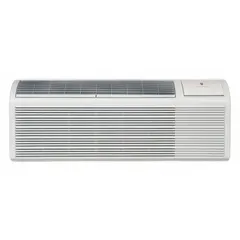 Packaged terminal air conditioner with electric heat, delivering 7,500 BtuH cooling capacity. Operates on 265V AC with a 7-20P plug. Suitable for through-wall installation in spaces requiring self-contained heating and cooling.