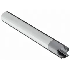 This solid carbide chamfer mill features an AlTiN coating for heat resistance and wear protection. With a 90° included angle and 4 flutes, it is designed for creating beveled edges and chamfers on workpiece corners in machining and metal fabrication applications.