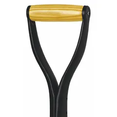 Steel D-Grip handle for garden tools and shovels. Provides a secure grip for digging, lifting, and moving materials in landscaping and construction tasks. Part number 64084.