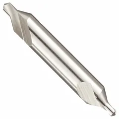 Double-end radius-tip center drill, size #4 1/2, with 118° point angle and 2 1/2 in overall length. Made of TiN coated high speed steel. Used to create precise conical starting holes for lathe work, ensuring accurate alignment between centers.