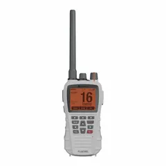 Analog handheld VHF radio for marine communication. 6 W transmit power, 12 channels, IPX7 waterproof, built-in GPS, Bluetooth for hands-free headset/phone connectivity, VOX, emergency button, 12-hour Li-Ion battery, USB-C dock charger. FCC compliant, operates 156–162.025 MHz.