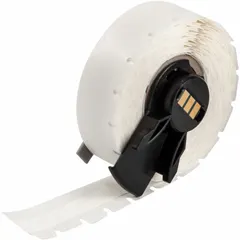 Continuous label roll made of white cryogenic autoclavable nylon, 3/8 in wide by 30 ft long. Rated for temperatures from -40°F to 194°F. Designed for use with BMP61 printer series and M61-R4310 ribbon. Suitable for labeling in cryogenic storage, autoclave sterilization, and other demanding environments.