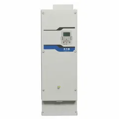 The Eaton PowerXL DH1 is a variable frequency drive designed for HVAC applications such as fans, pumps, and compressors. It provides three-phase output at 380-500V AC, with a maximum output current of 140 A and a power rating of 100 hp. The drive is housed in a white compact enclosure and is suitable for controlling motor speed in commercial building systems.