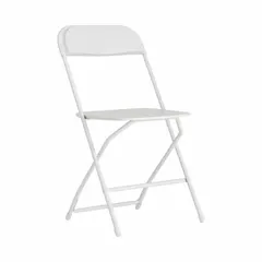 This plastic folding chair features a white plastic seat and a metal frame, with a weight capacity of 650 lb. Suitable for event seating, banquet halls, training rooms, and commercial facilities requiring durable, stackable seating.